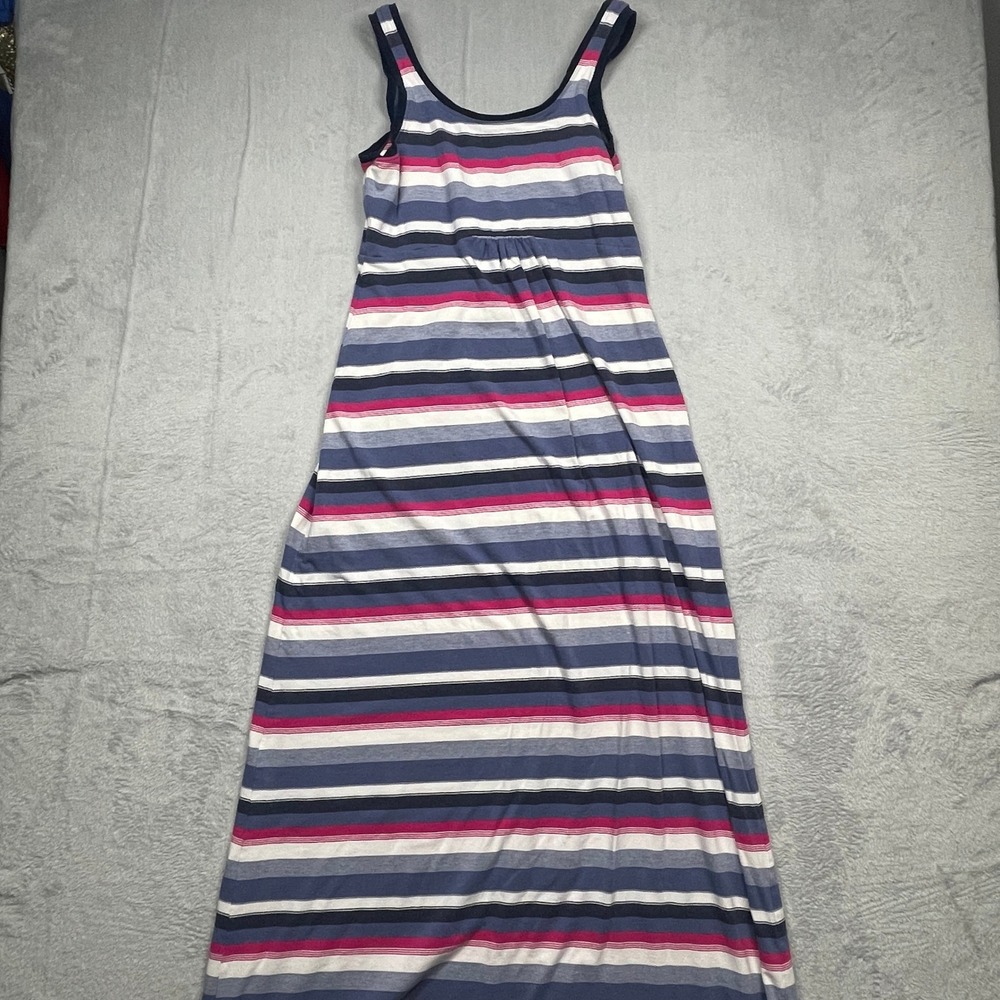 Columbia Maxi Dress Women Small Blue Pink Striped Sleeveless Empire Waist FL5042